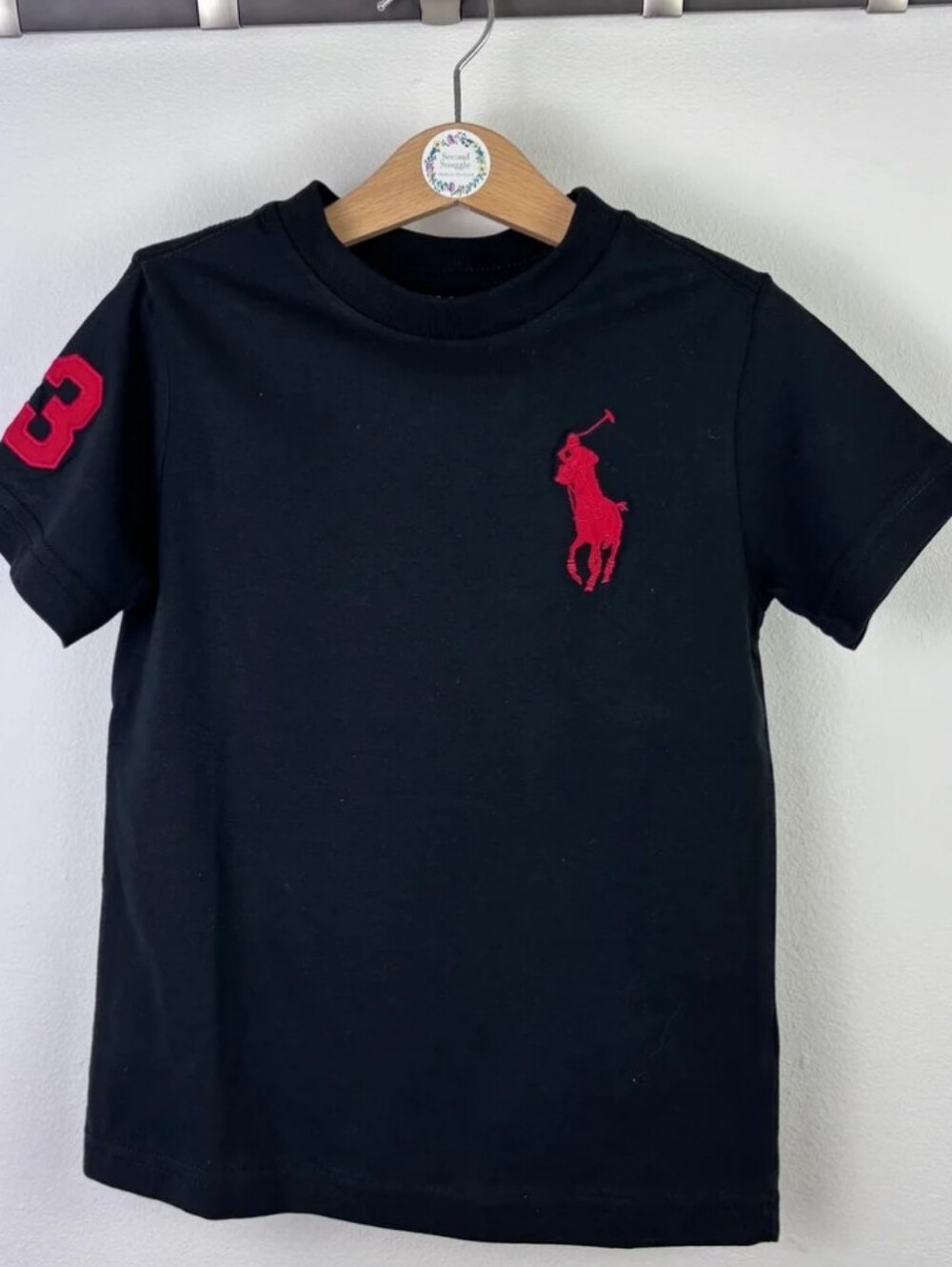 Ralph Lauren Black Tee with Red Big Polo Player and Sleeve Number